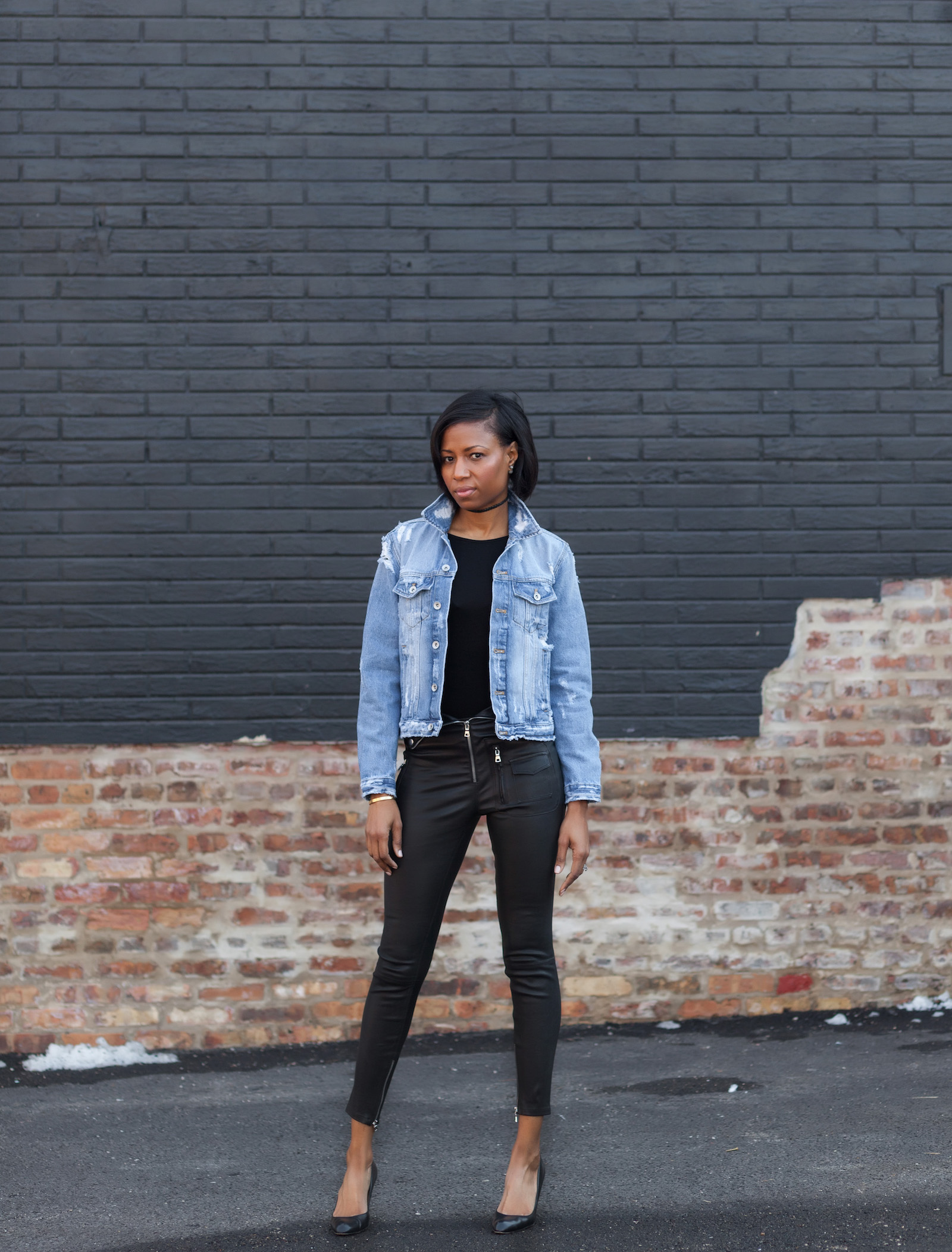 denim and leather outfit